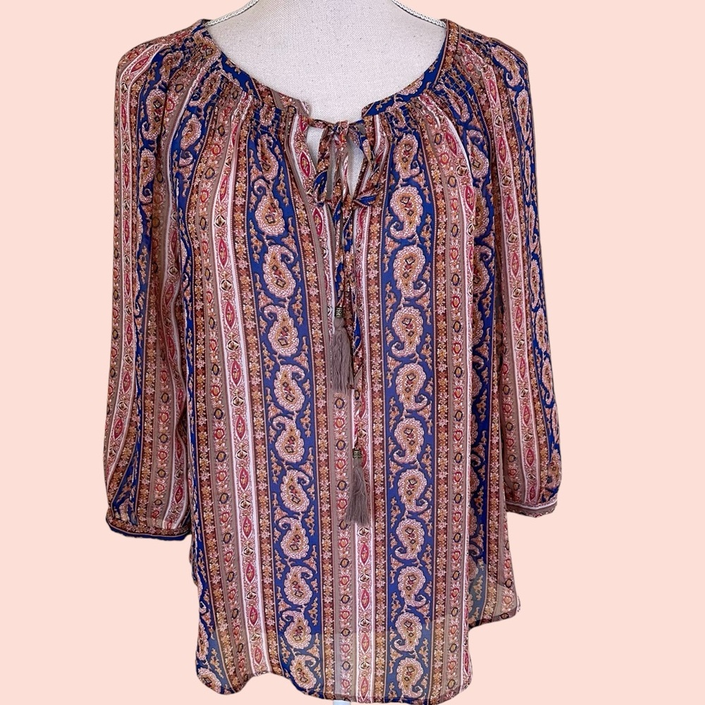 Daniel Rainn Paisley Print Chiffon Slit Neck Blouse with Tassel Ties S